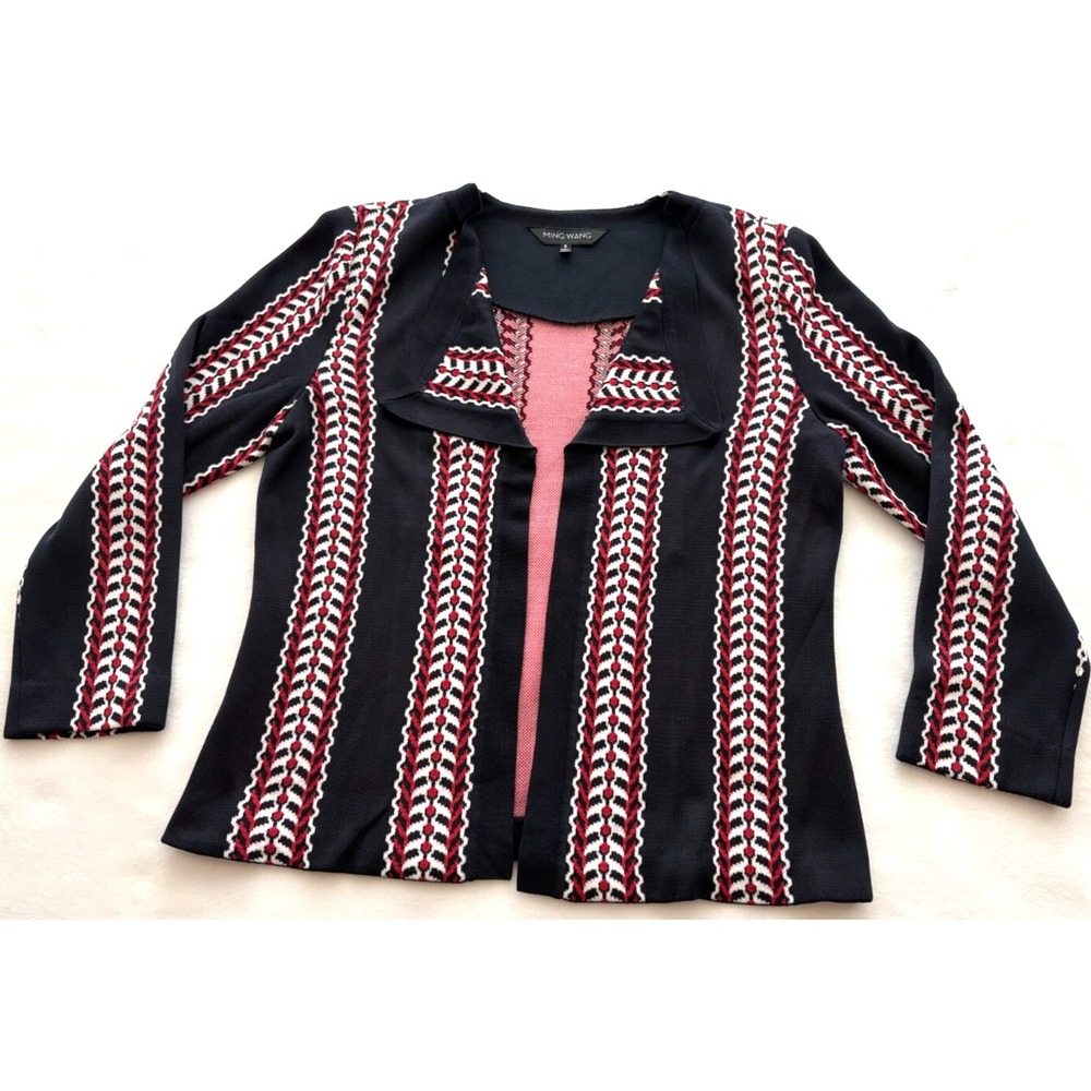 Ming Wang Red White Navy Single Closure Lapel Jacket Womens Sz: S Acrylic Blend